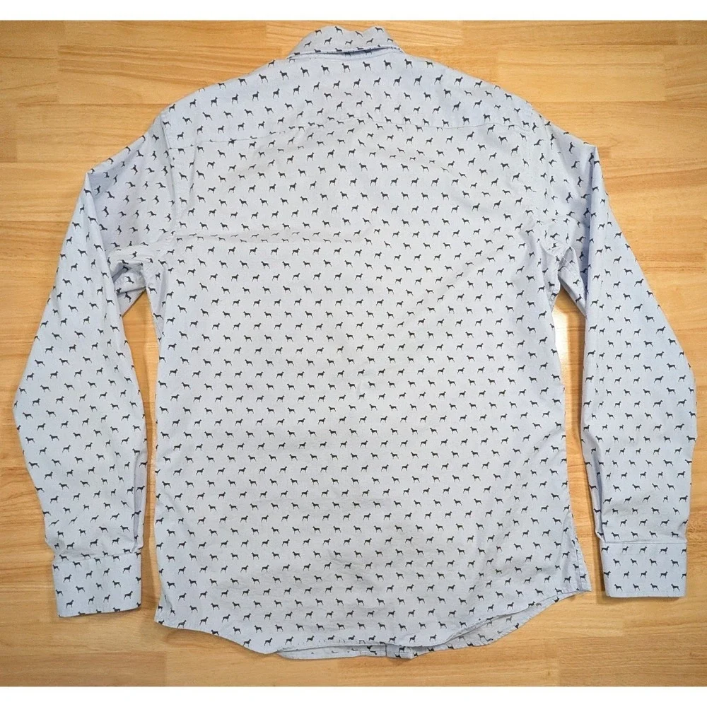 Banana Republic Mens M Slim Flex Fit Blue Doberman Dog Print Tech Stretch Shirt